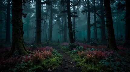 Obraz premium A fantastical realm where a colorful and dark forest serves as a backdrop for a clash between light and darkness, hope and despair ai_generated