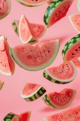 A juicy red slice of ripe watermelon isolated on a pink background