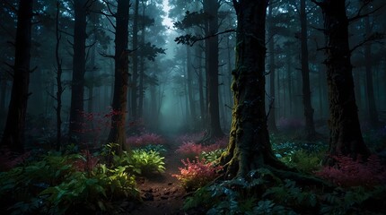 Fototapeta premium A fantastical realm where a colorful and dark forest serves as a backdrop for a clash between light and darkness, hope and despair ai_generated