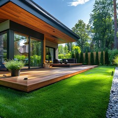Modern Garden Home with Extensive Wood Deck and Elegant Landscape