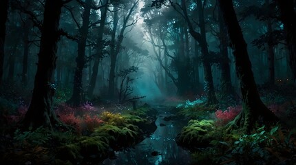 A fantastical realm where a colorful and dark forest serves as a backdrop for a clash between light and darkness, hope and despair ai_generated