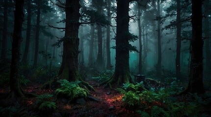 A fantastical realm where a colorful and dark forest serves as a backdrop for a clash between light and darkness, hope and despair ai_generated
