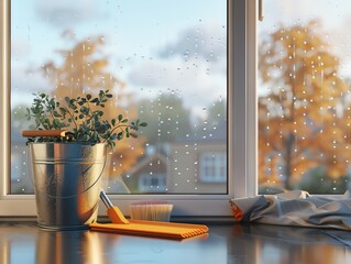 Window cleaning squeegee and bucket, on a windowsill, realistic render