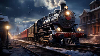 Fototapeta premium A Steam Train Chugging Through a Snow Covered Forest