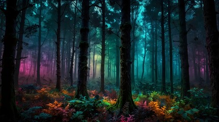 A psychedelic dreamscape where a colorful and dark forest morphs and twists, challenging perception and reality ai_generated