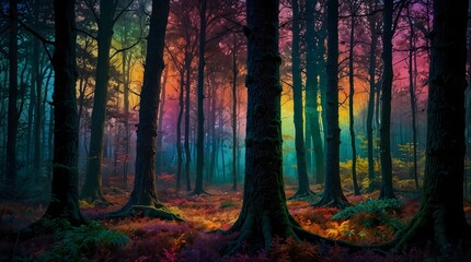 Obraz premium A psychedelic dreamscape where a colorful and dark forest morphs and twists, challenging perception and reality ai_generated