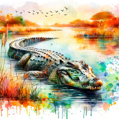 Crocodile in watercolor, drawing of the African crocodile