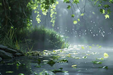 Serene Forest Stream with Dappled Sunlight and Floating Leaves