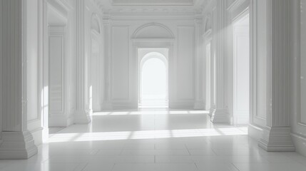 Doorway in the center of the frame opening up onto a vast white space, inviting the viewer.