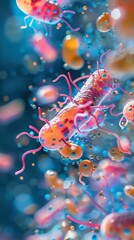 Closeup of probiotics in action within the human gut, highlighting their benefits for wellness and health, vibrant and detailed, biological and medical