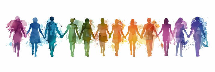 A row of watercolor rainbow colored human figures holding their hands on white background. Diversity and Inclusion concept.
