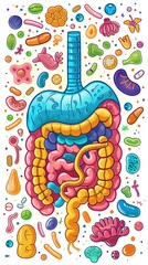 Illustrative diagram of the human gut, emphasizing the importance of probiotics for maintaining health and wellness, detailed and scientifically accurate