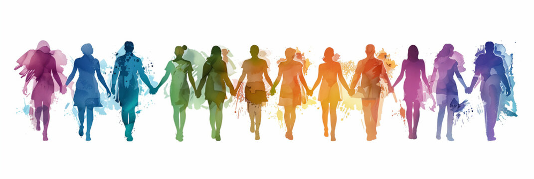 A row of watercolor rainbow colored human figures holding their hands on white background. Diversity and Inclusion concept.