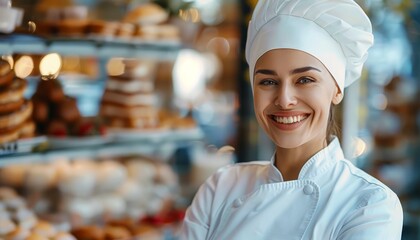 A professional female pastry chef smiling confidently in front of a bakery, portraying leadership and skill in the culinary arts, with banner space
