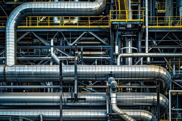 Close-up of an industrial factory background at night, featuring machinery, steel structures, and urban cityscape elements