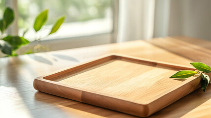Sunlit blank wooden tray on kitchen table with green leaves in morning light.