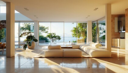 A modern spacious living room bathed in natural light with panoramic views, blending indoor comfort with outdoor beauty