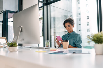 Business woman, phone and reading in office for communication, networking or news in public...