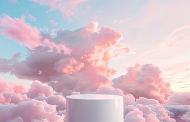 White cylinder podium with pink clouds in the sky, pastel color background. Created with Ai