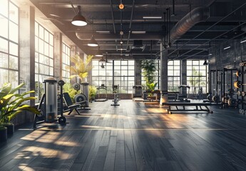 Naklejka premium Gym with barbells and dumbbells and different equipment, luxurious aesthetic, exercise, fitness created with AI