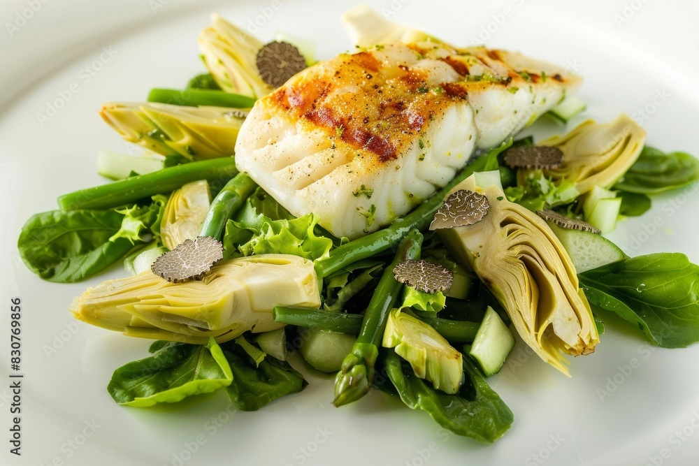 Wall mural grilled halibut and truffle salad with artichoke, asparagus, and fennel