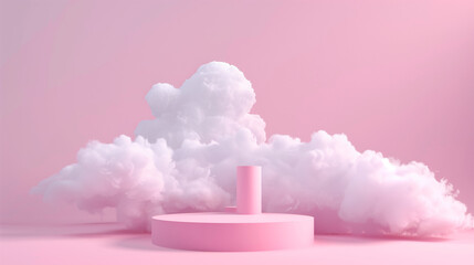 A Pink 3D Podium - Dreamy Display Stand with Cloudy Sky Background