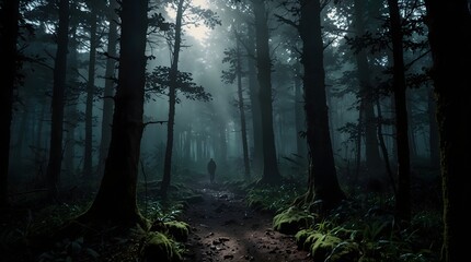 Fototapeta premium An atmospheric tale of a lost adventurer wandering through a vibrant yet foreboding forest where every shadow conceals unknown dangers ai_generated