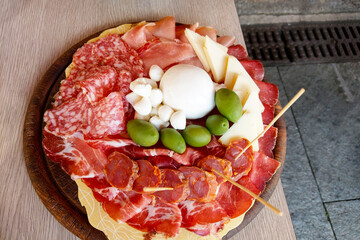 Italian Charcuterie Platter with Prosciutto, Salami, Cheese, Olives, and Mozzarella - Perfect for Food Photography or Menu Design
