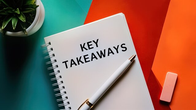 Notebook with 'Key Takeaways', White Pen, Plant, and Eraser on Colorful Desk