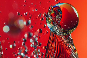 sfondo rosso con schizzi di acqua con riflessi iridescenti e bokeh, dettagliato macro HD