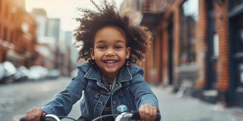Cute little child riding on city street. Cheerful kid wearing helmet having fun on a bike on sunny evening. - Powered by Adobe
