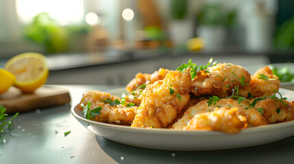 Tasty chicken fillet on a dish in kitchen with light, outdoor, yummy 