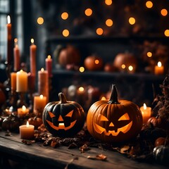 AI generated illustration of Halloween jack o'lantern pumpkins with candles on a table