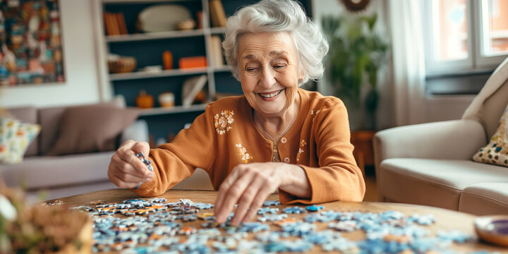 Senior lady playing puzzles in a retirement home. Elderly woman assembling jigsaw puzzle pieces in a nursing home. Housing facility intended for the elderly people. - Powered by Adobe