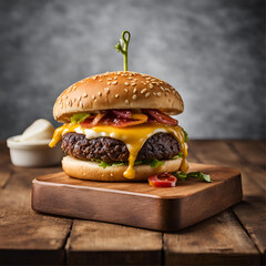 Food photography for a burger shop menu. National Geographic quality photography of a juicy  with a bun sitting on a wooden board, professional presentation and photography