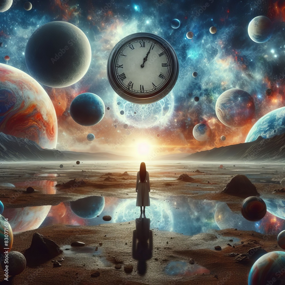 Poster a surreal and captivating portrayal of time travel with a woman standing on a reflective surface amo