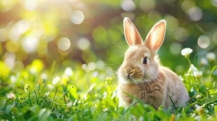 Bunny rabbit with a cute smile sitting in grass