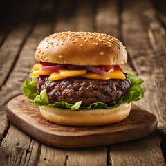 Food photography for a burger shop menu. National Geographic quality photography of a juicy  with a bun sitting on a wooden board, professional presentation and photography