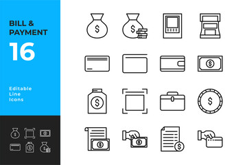 Bill and payment icons set. Containing money, cash, credit cards, money bag, investment, income, accounting, and more. Thin icon collection. vector illustration