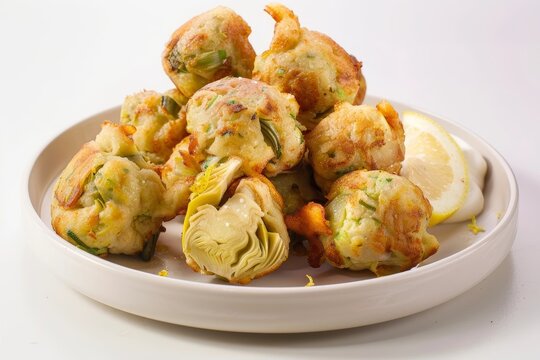 Scrumptious Artichoke Fritters: Indulge in a tantalizing interplay of savory and citrus notes