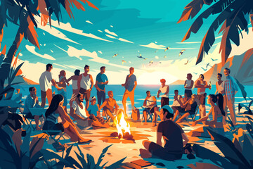 A large group gathers around a campfire on the beach at sunset. Flat vector illustration.