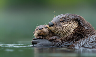 AI generated illustration of an otter carries its baby in the water