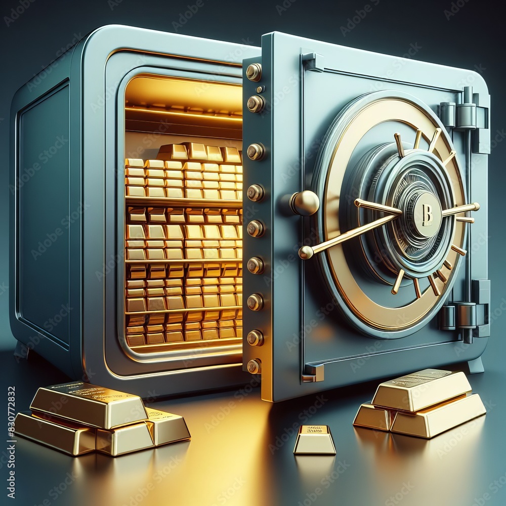 Poster 3d illustration of an open vault filled with gold bars, featuring a prominent bitcoin symbol on the 
