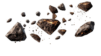 Flying asteroids cut out on transparent png background.