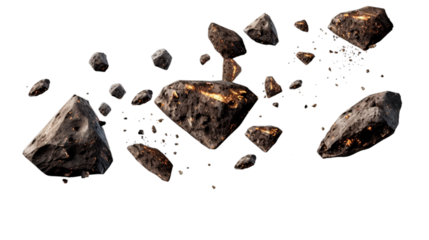 Flying asteroids cut out on transparent png background.