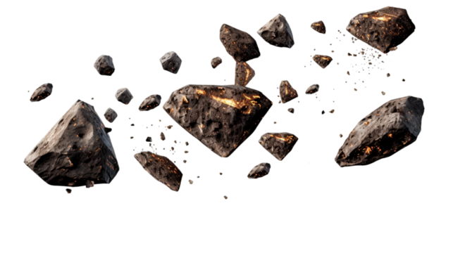 Flying asteroids cut out on transparent png background.