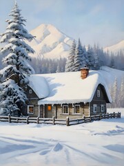 Naklejka premium Winter Cottage House Nature Oil Painting Art