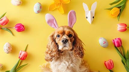 Adorable Cocker Spaniel wearing bunny ears surrounded by lovely tulips Easter eggs and paper rabbit on a yellow backdrop