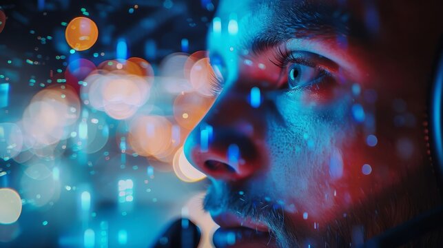 A customer service representative answering a call, close up, communication skills theme, realistic, double exposure, call center backdrop