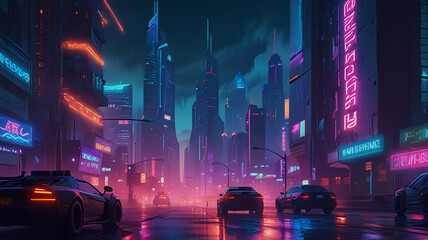 a futuristic city at night, featuring a cyberpunk aesthetic